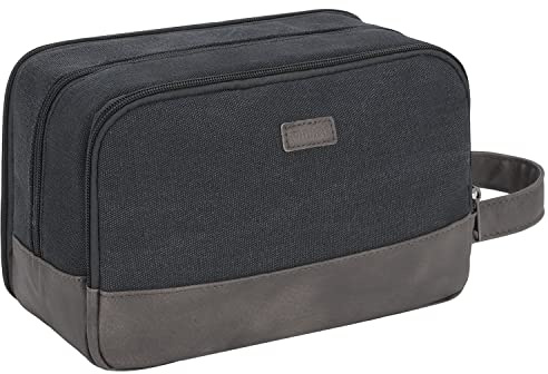 WANDF Kulturtasche für Herren Reise-Kulturtasche,Dopp-Kit aus Canvas,Wasserabweisende vegane Ledertasche für Rasierutensilien und Toilettenartikel (Schwarz)