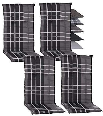 Beo Gartenstuhlauflagen Hochlehner 4er Set Barcelona | Made in EU nach Öko-Tex Standard | Hochlehner Auflagen waschbar | Atmungsaktive Stuhlauflagen Hochlehner in Grau-Anthrazit Kariert