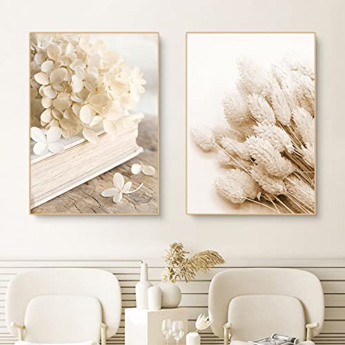 Sarah Duke Poster 2er Set, Beige Blumen Schilfrohr Wandbilder Wohnzimmer Boho Kunstdruck Leinwandbilder, Ohne Rahmen Wanddeko Bilder (40 x 50 cm)