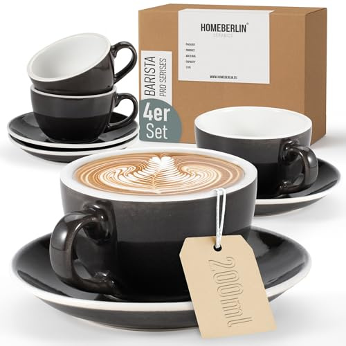 HOMEBERLIN® Barista Pro Cappuccino Tassen Set - 200ml Kaffeetassen Set - Premium Kaffee Tassen Set aus hochwertigem Steingut - Vier Moderne Kaffeetassen mit passenden Untertassen - 100% Handfertigung