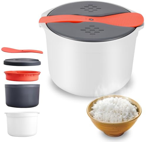 Microwave Rice Cooker, 2L Microwave Rice Steamer Rice Cooker Microwave with Rice Scoop, Lid, Dish, Strainer and Steaming Pot, Dishwasher Microwave Saucepan for Home Office Use