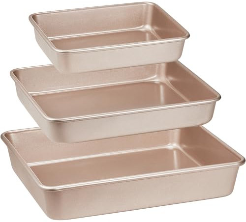 HONGBAKE Deep Baking Pans Set for Oven, Nonstick Rectangle Sheet Cake Pans for Baking, 13/11/9 Inch Rectangular Oven Tray for Cooking Brownie Lasagna, Stackable Multi-Depth Bakeware, Golden