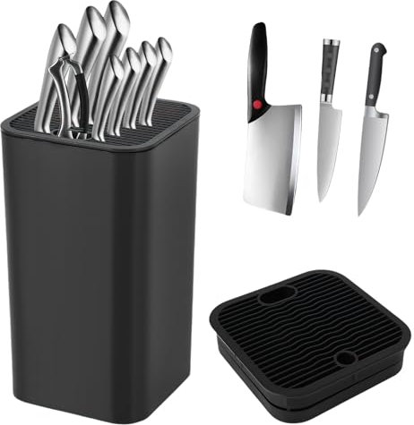 Universal Knife Block Without Knives, Square Black Knife Holder with Detachable Design, Space-Saving Knife Storage Organizer for Kitchen Countertop, Easy to Clean Knife Stand Holder Rack