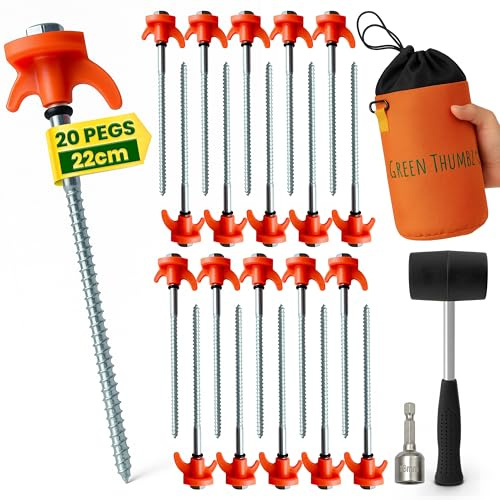 Heavy Duty Tent Pegs - 22cm x 20 Pack Orange Hard Ground Tent Pegs with Storage Bag, Carabiner, Rubber Rings, Socket Bit and Mallet - Galvanized Camping Pegs for Outdoor