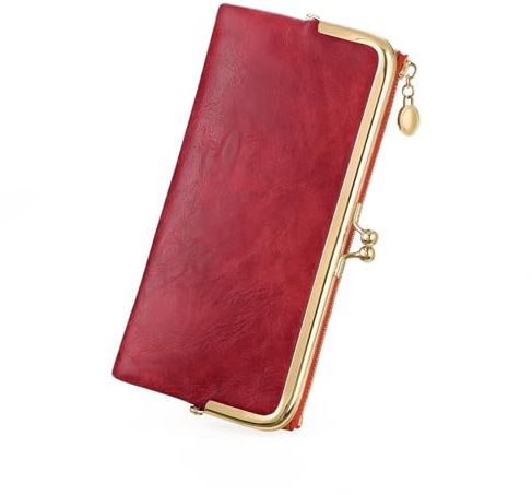 GOIACII Geldbörse Damen Groß Portemonnaie mit Reißverschluss Leder Rot