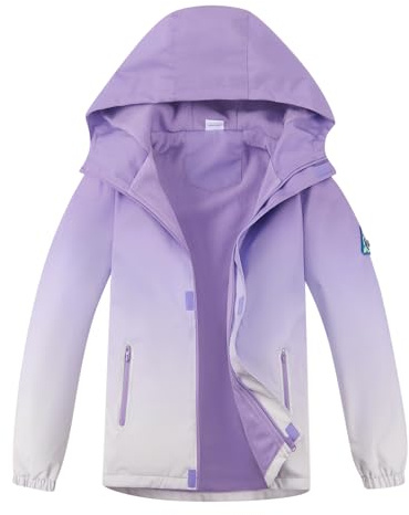 BuyiRen Girls Windbreakers Jacket Rain Jackets Hooded Raincoat Fleece Lined Rain Coats for Kids, Lavender, 12-13 Years