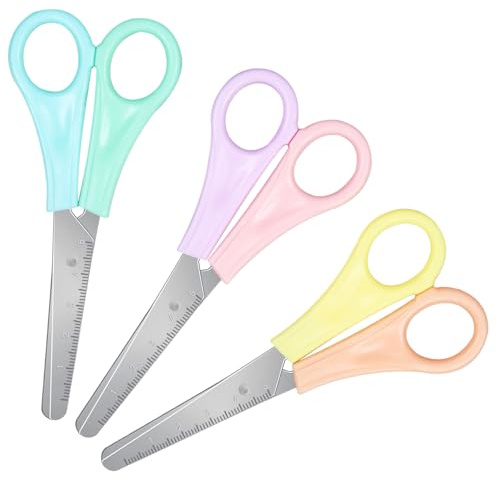 YIKTUNQ 3Pcs Kids Scissors with Rounded Tip, Two-Tone Handle Scissors with cm Scale Stainless Steel Blades for Children's Art Scrapbooking DIY Craft