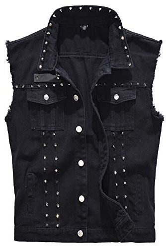 Hombre Remache Fresco, Vaquero de Sin Manga Chaleco, Denim Chaqueta, de Mezclilla, Slim Fit Jeans Vest Negro L