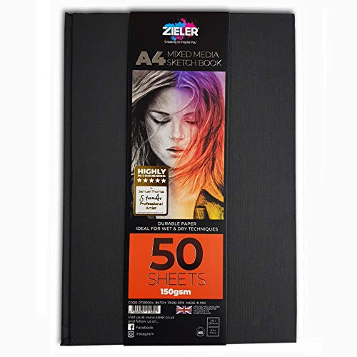 Hardback Casebound Mixed Media Sketch Book – 150gsm 50 Sheets - by Zieler™. Ideal for use with Pencils, Charcoal, Graphite, Pastels & Light Watercolour. Acid Free Sheets - Portrait (A4)