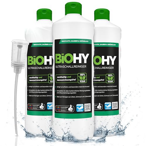 BiOHY Limpiador ultrasónico (3 botellas de 1 litro) + Dosificador | limpieza intensiva y suave de gafas, productos dentales, oro, monedas y joyas (Ultraschallreiniger)