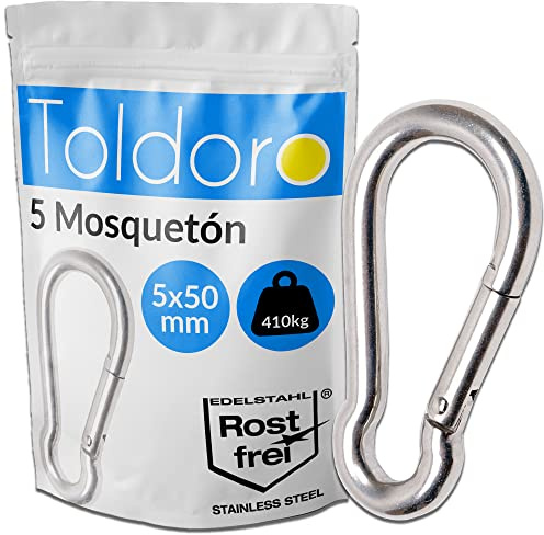 Toldoro® 5x Moschettone acciaio inox 5x50mm / Moschettone multifunzione per altalena, campeggio o slackline/Carabiner/Set di moschettoni piccolo