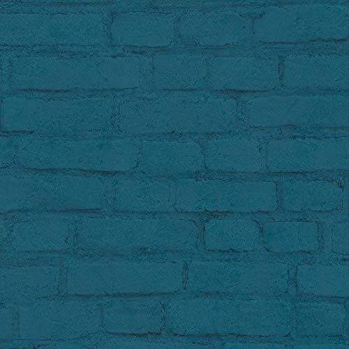 Papier peint brique bleu industriel | Papier peint bleu pétrole intissé & vinyle 374144 | Papier peint salon & chambre | Papier peint brique