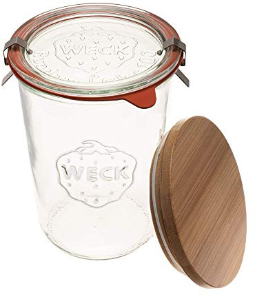 Weck Canning Jars 743 - Weck Mold Jar Made of Transparent Glass - Eco-Friendly Canning Jar - Food Storage Container with Lid Airtight - 3/4 Liter Tall Jar Includes (1 Jar, Glass Lid & Wooden Lid)