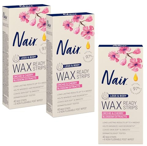 Nair Hair Remover Wax Ready Strips for Legs & Body, No Mess Waxing Kit for Hair Removal, 3-pack Wax Strips, 40ct Each Wax Kit