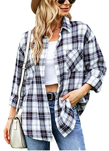 Wanzetaly Womens 2024 Fashion Oversized Flannel Plaid Button Down Long Sleeve Shirts Fashion White Brown Blouse(0085-WhiteBrown-M)