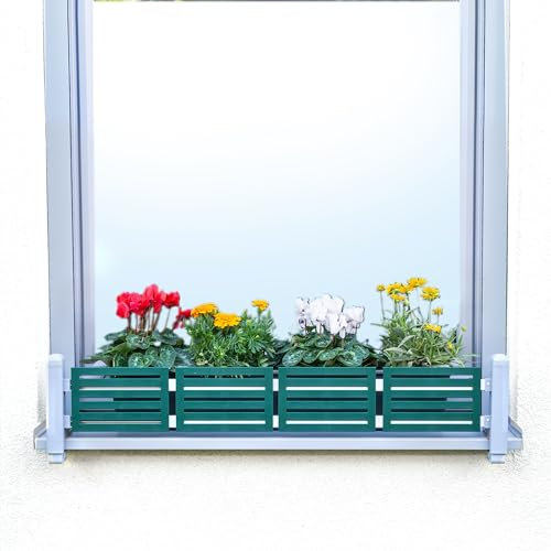 GREEN CREATIONS masu Basisset Grau, Blumenkastenhalterung ohne Bohren, Absturzsicherung, sichert Blumenkasten, Kräuter, Deko, stufenlos verstellbar von 78-140cm (Moosgrün, Basisset-Modern)