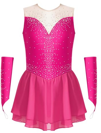 Oyolan - Vestito per pattinaggio artistico con strass, per danza, body da ginnastica, brillante, costume da danza, 5-16 anni, rosa acceso, 7-8 Anni