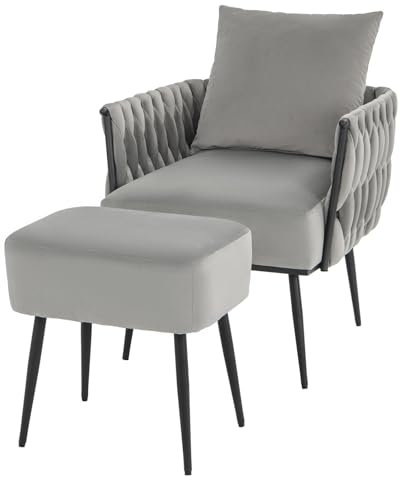 HOMASIS Sillón con Otomana y Cojín Mullido, Sillón de Salón con Respaldo Tejido, Reposabrazos y Patas de Metal, Sofá Individual Reclinable, Carga 150kg, para Dormitorio, 66x65x80cm (Gris)