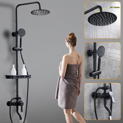 Konfiur Juego de ducha, grifo de ducha retro negro de latón, de ducha de lluvia, montaje en pared, juego de ducha con panel de ducha de mano, estante de ducha de masaje, juego de grifos de