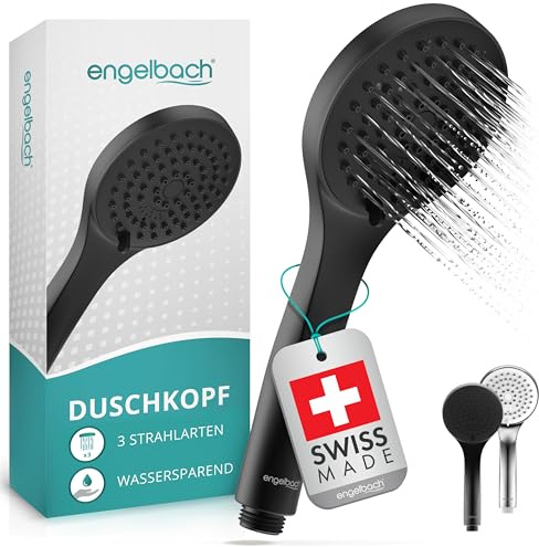 Engelbach® Duschkopf wassersparend – Hergestellt in der Schweiz | 3 Strahlarten: Sanfter Regen, Massage & Intensiv | Universal Handbrause (9L/Min), Duschbrause schwarz