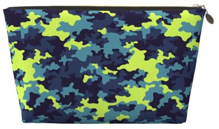 VOSERY Bolsa de maquillaje de piel, bolsa de cosméticos, bolsa de aseo de viaje para mujer, bolsa de maquillaje de camuflaje azul y verde, organizador, bolsa de maquillaje linda, bolsa de maquillaje