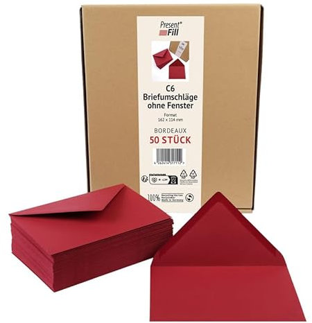 PresentFill® 50 x Briefumschläge Bordeaux Rot C6-162 x 114 mm ohne Fenster I 100% Recycling Kraftpapier I 120 g/m² stark I Blauer Engel zertifiziert I Made in Germany