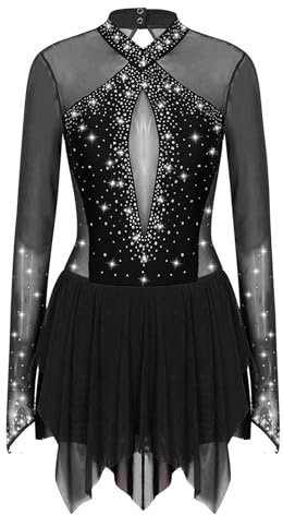 Mufeng Figure Skating Dress for Women Mesh Sleeve Adult Ice Skater Outfits Gymnastics Chiffon Dress Black M