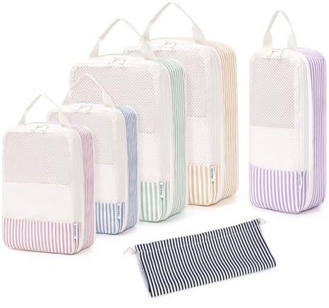 Narwey 6 Sets Compresión Organizador Maletas Bolsos, Compression Packing Cubes, Bolsas Viaje para Mochila, Equipaje de Mano y Maleta, Bolsas Organizadoras Ropa para Viaje Hogar (rayas multicolor)