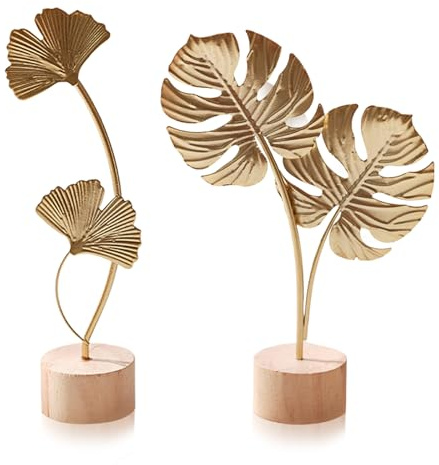 Tarqite 2 Stück Ginkgoblatt Statue Deko, Kreative Ginkgo Leaf Statue, Blatt Metallskulptur, Gold Desktop Skulptur Deko für Home, Büro, Schlafzimmer, Wohnzimmer, Weihnachtsdeko (A)