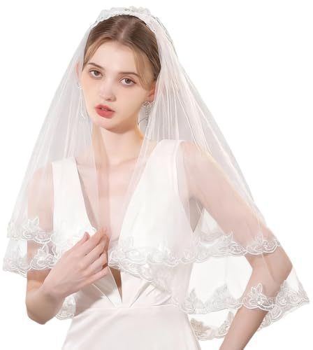 BEAMARKER Voile de Mariée Court en Dentelle Blanche avec Peigne Bandeau Décoratif à 2 Niveau Accessoire de Coiffure Élégant pour Mariage Enterrement de Vie de Jeune Fille Fiançailles Femmes