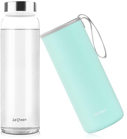 LETREEN Borraccia Vetro 1 Litro, Borraccia in Vetro Borosilicato con Custodia in Neoprene, senza BPA, a Prova di Perdite, Riutilizzabile per Bevande Calde e Fredde, Lavoro, Palestra, Casa