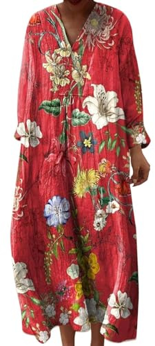 Robe Longue Lin Plissée Femme Manche Longue Bohème Col en V Robe de Soirée Chic et Élégante Imprimé Floral Robes de Plage Automne Hiver Décontractée Maxi Dress Vintage Fluide Coupe Droite Ample Mode