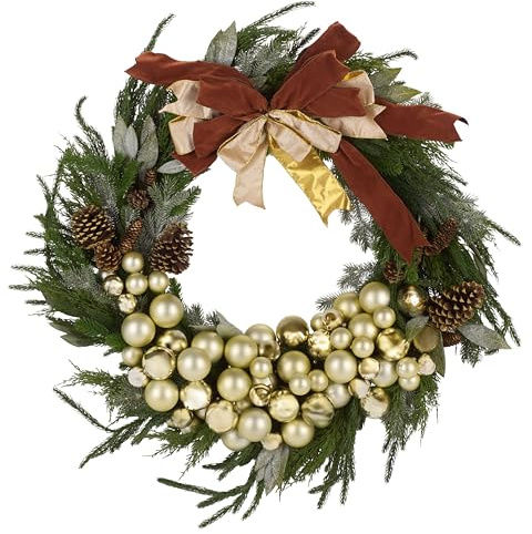 SAFAVIEH Home Collection - 34-Inch Faux Pine Needle Christmas Wreath with Gold Ornaments, Ribbon & Pinecones, Holiday Door Decor (FXP1099A)