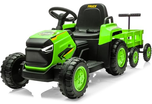 Tractor Eléctrico para Niños con Remolque Desmontable Doble Motor, 12V Coche Electrico con Control Músic, Control Remoto 2,4G, 3 Velocidades,Luces LED, Bocina para Niños 3+ Años