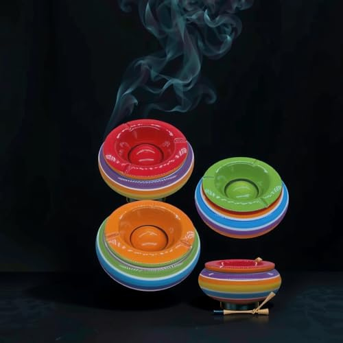 Riyashop Ashtray Wind Ceramic Table Ashtray with Lid Colourful Stripes (Red/Orange)