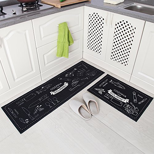 Carvapet 2stk Küchenteppich Waschbar rutschfest Küchenmatte Küchenläufer Fußmatte Teppich Läufer Badematten(Marineblau)
