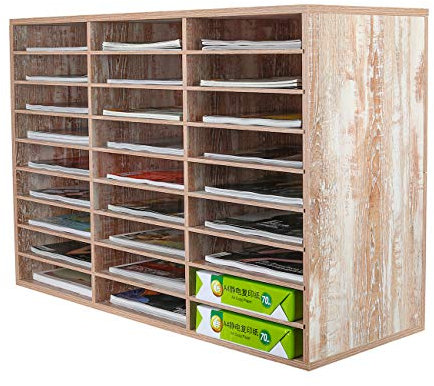 PAG 27 Fächer Verstellbarer Dokumentenablage aus Holz,Holz-Literatur-Stehsammler,Aktensortierer Briefablage A4 Zeitschriftenständer,für Büro/Zuhause/Schule, Retro Weiß