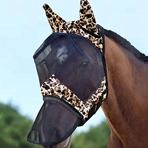 Harrison Howard CareMaster - Maschera anti-mosche per naso lungo con orecchie, protezione UV per cavallo, stampa leopardata (L)
