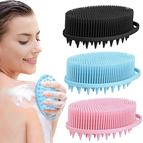 PQRUU 2 in 1 Silicone Body Scrubber Shampoo Brush, Shower Scrubber, Bath Scrubber,Exfoliating Scalp Massager, Loofah Clean Sanitary,Rapid Foaming-3 Pack, Black+blue+pink（new）, PQRUU54635