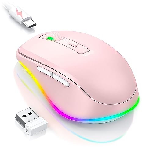 Seenda Wireless Mouse, Rechargeable Light Up LED Mouse for Laptop, 2.4G USB Silent Mice with Built in Jiggler Mover, Undetectable Simulate Mice Movement to Keep Computer Awake, Pink