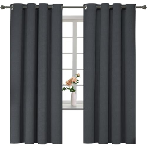 YSTELLAA 100% Mörkläggningsgardin 2 Stycken, 140 X 160 CM, linne dekorativ, Sovrum Termiska Gardiner Med Öljetter, Ljudisoleringsgardin, Värmeisolerande Gardiner För Vardagsrum, Grå