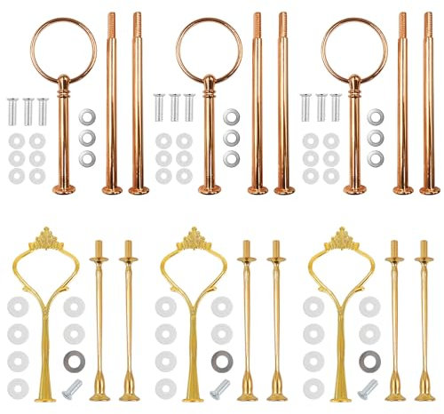 ANBOO Set di 6 aste per alzate, aste dorate, 3 ripiani, per vassoio di frutta, piatto da spuntino, supporto per torta nuziale (oro, 2 forme)