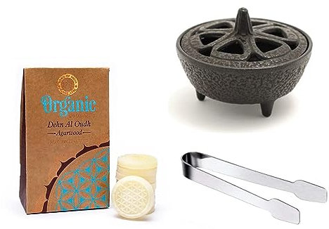Cast Iron Wax Melter Kit with Scented Wax Melts and Stainless Steel Tongs for Stoves and Log Burners (Oud)