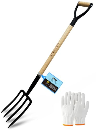 HORIJUNKE Garden Fork,4-Tine Pitchfork,Spading Digging Fork,Forged Steel Y-Grip, Wood Handle,45Inch