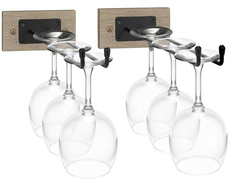 Sorbus Wall Mounted Wine Glass Stemware Rack Set - Wire & Wood Wine Rack Wall Mounted for Wine Glasses, Champagne Glasses, and Drinkware - Complete Your Home Bar & Kitchen Storage, Grey