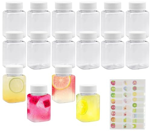 16 Pack Reusable Empty SmoothieBottles, 100ML Leak-Proof Shot PET Plastic Juice Bottle, Mini Square Plastic Bottle for Milk Coffee