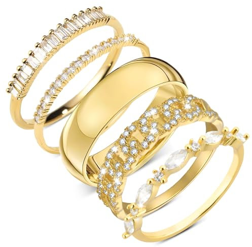 5 Stück Ring Gold Set Frauen, Stapelbare 14 Karat Vergoldete Ringe Set Mit Geschenkbox - Daumenring, Dünner Fingerring, Einfacher Bandring, Verlobungsring (60(19.0))