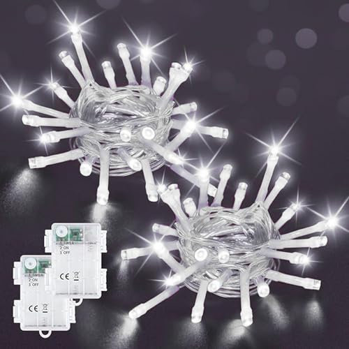 Afaiup LED Fairy Lights Battery, 2 Pieces 3m 20 LED Fairy Lights with 6Hrs Timer Waterproof, Cool White Fairy Light for Indoor, Christmas, Bedroom, Party, Wedding, Decoration