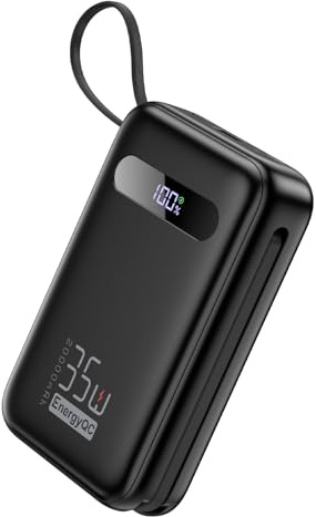 Powerbank 20000mAh PD 35W Externer Akku mit Integriertem USB-C Kabel, 8 Pin Kabel und LED Display, Tragbares Ladegerät Akkupack für iPhone 16/15/14/13, Tablet, Galaxy S23, Huawei usw.-Schwarz