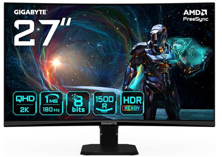 Gigabyte GS27QCA 27 Monitor Gaming Curvado QHD - 2560 x 1440, 180Hz, 1ms, 250 CD/m², FreeSync, HDR Ready, HDMI 2.0, DisplayPort 1.4